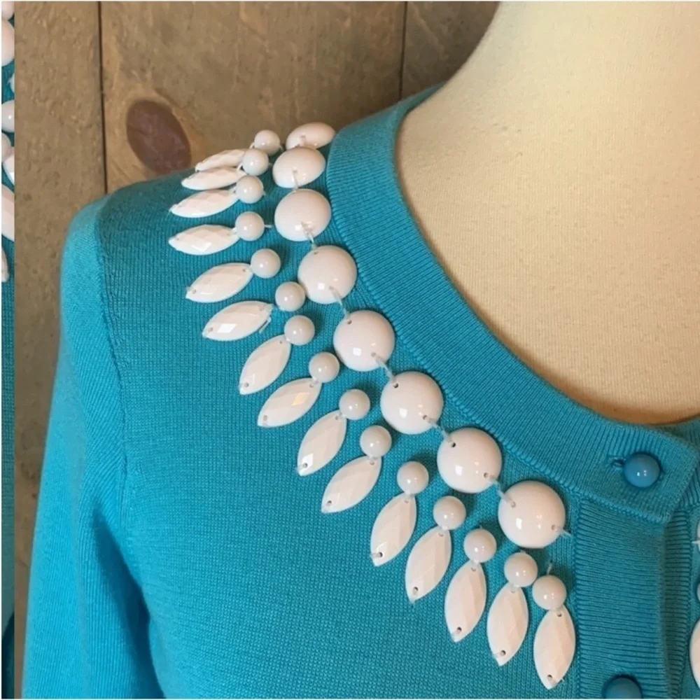 Kate Spade Blue Dive in cardigan sweater with bead embellishment
